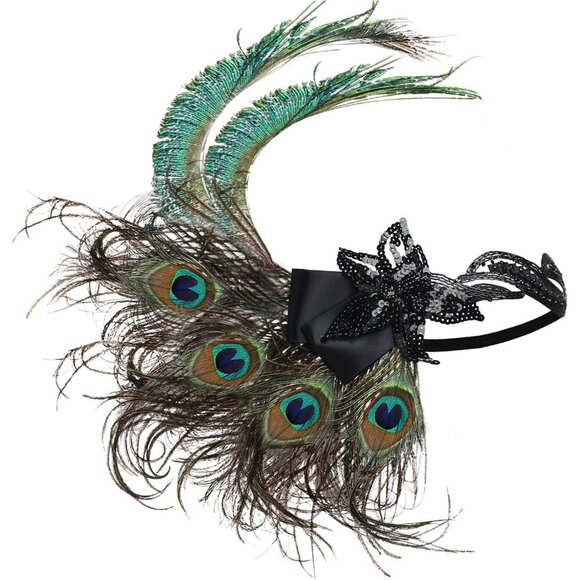 1920s Flapper Headband Peacock Feathers Sequin Gatsby Costume Accessory main image 5